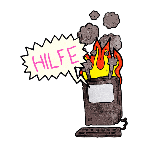 Ein brennender Computer schreit nach um Hilfe